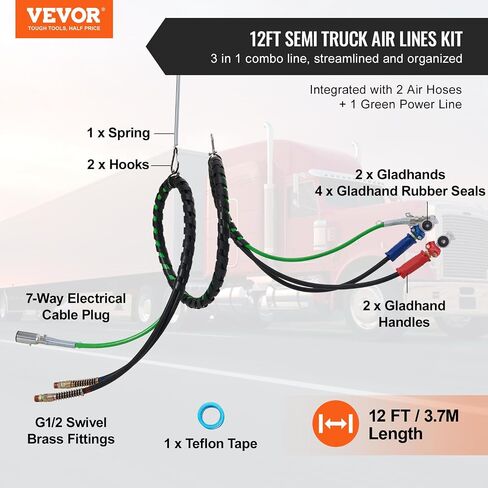 VEVOR 12FT Semi Truck Air Lines Kit with 2PCS Glad Hands, 3-in-1 Air Hoses & 7 Way ABS Electric Power Line, with 2PCS Gladhand Handles, 4PCS Seals and Tender Spring Kit for Semi Truck Trailer Tractor in Saudi Arabia