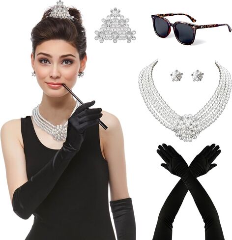 Zivyes Audrey Hepburn Costume Breakfast at Tiffany's Decorations 1920s Accessories Vintage Sunglasses Comb Necklace Earrings in Kuwait