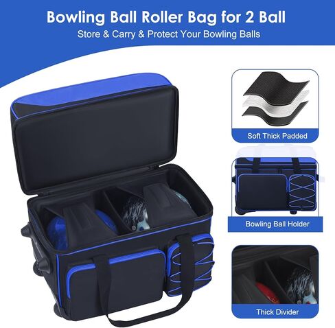 Double Roller Bowling Bag with Shoes Compartment, Large Capacity Bowling Ball Bag with Multi-Pockets for 2 Bowling Ball and Accessories, 2 Ball Bowling Bag with wheels & Retractable Handle in Kuwait