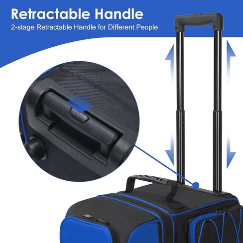 Double Roller Bowling Bag with Shoes Compartment, Large Capacity Bowling Ball Bag with Multi-Pockets for 2 Bowling Ball and Accessories, 2 Ball Bowling Bag with wheels & Retractable Handle in Kuwait