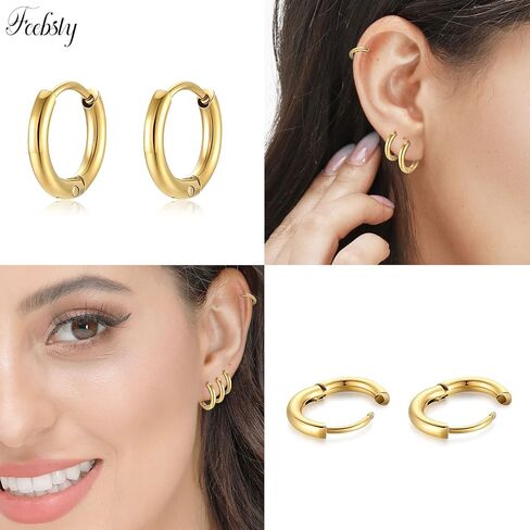 4 Pairs Stainless Steel Hoop Earrings Set Cute Huggie Earrings for Women Mens Hoop Earrings for Women Small Silver/Gold Hoop Earring Set (8/10/12/14mm) in Saudi Arabia