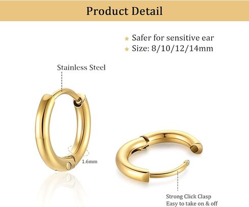 4 Pairs Stainless Steel Hoop Earrings Set Cute Huggie Earrings for Women Mens Hoop Earrings for Women Small Silver/Gold Hoop Earring Set (8/10/12/14mm) in Saudi Arabia