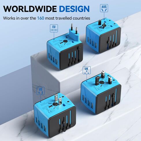 محول السفر العالمي Unidapt، محول التوصيل الدولي السريع 2,4A 4-USB قابس طاقة أوروبي، شاحن حائط تيار متردد - منفذ عالمي لأوروبا والولايات المتحدة الأمريكية والمملكة المتحدة والاتحاد الأوروبي AUS، أزرق in Kuwait