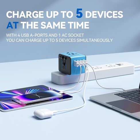 محول السفر العالمي Unidapt، محول التوصيل الدولي السريع 2,4A 4-USB قابس طاقة أوروبي، شاحن حائط تيار متردد - منفذ عالمي لأوروبا والولايات المتحدة الأمريكية والمملكة المتحدة والاتحاد الأوروبي AUS، أزرق in Kuwait