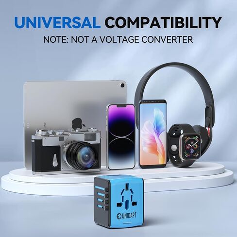 محول السفر العالمي Unidapt، محول التوصيل الدولي السريع 2,4A 4-USB قابس طاقة أوروبي، شاحن حائط تيار متردد - منفذ عالمي لأوروبا والولايات المتحدة الأمريكية والمملكة المتحدة والاتحاد الأوروبي AUS، أزرق in Kuwait
