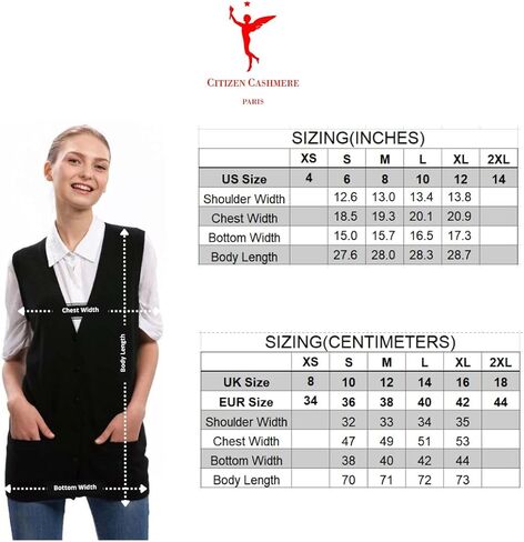 سترة صوفية سوداء للنساء من Citizen Cashmere - سترة 100% كشمير بدون أكمام ورقبة على شكل حرف V مع جيوب أمامية in Kuwait