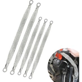 Pack-5 Car Ground Strap Kit, 10In 13In 220V Metal Flat Braided Vehicle Ground Straps Accessories, Durable Automotive Engine Ignition Coil Ground Strap, Universal for Trucks SUVs Cars (Silver)