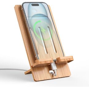 Pezin & Hulin Bamboo Tablet Stand Adjustable, Desktop Cell Phone Stand Holder Dock Compatible with Pad 9.7, 10.5, 12.9, Air 2 3 4 Mini, Kindle, Phone 8 Plus X XS Max XR (Support to 4.7-13" Devices)