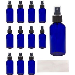 Cornucopia Brands 4oz Blue PLASTIC Fine Mist Spray Bottles (12-Pack w/Black Sprayers); BPA-Free Plastic Spritzer Bottles, Labels Included; PET #1 Plastic Bottles