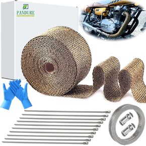 Exhaust Heat Wrap Roll for Motorcycle Auto Titanium Fiberglass Heat Shield Tape with Stainless Hose Clamp Ties (Titanium, 2" x 16.5')
