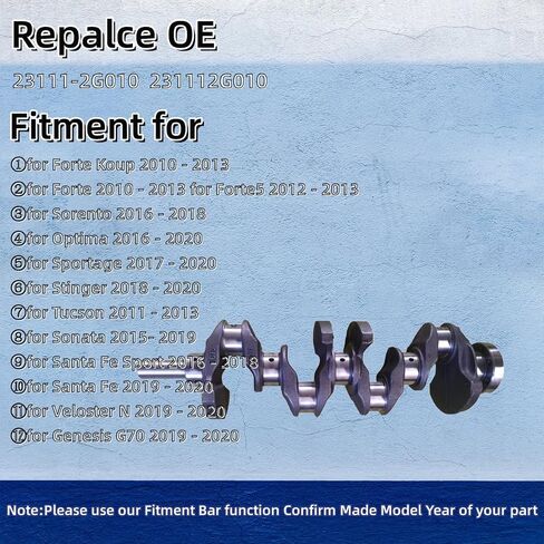 العمود المرفقي للمحرك، مناسب لـ Forte Optima Sorento Sportage 2.0L 2010-2013 استبدال 23111-2G000، 23111-2G010، 23111-2G030، 231112G000، 231112G010، 231112G030، 36RZ6-2GF00 in Saudi Arabia