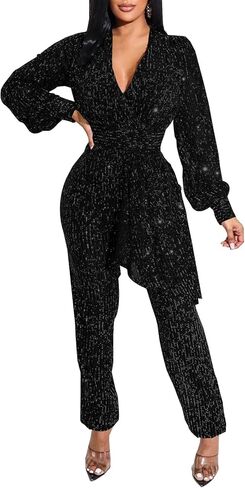 KnoInt Women Sparkly Dressy Jumpsuit Deep V Neck Long Sleeve Clubwear Plus Size Wide Leg Long Pants Rompers in Saudi Arabia