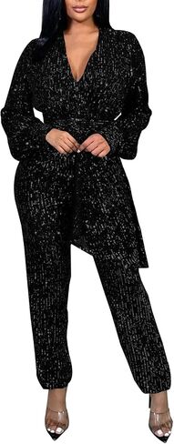 KnoInt Women Sparkly Dressy Jumpsuit Deep V Neck Long Sleeve Clubwear Plus Size Wide Leg Long Pants Rompers in Saudi Arabia