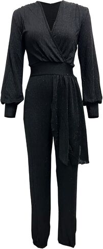 KnoInt Women Sparkly Dressy Jumpsuit Deep V Neck Long Sleeve Clubwear Plus Size Wide Leg Long Pants Rompers in Saudi Arabia