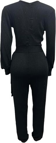 KnoInt Women Sparkly Dressy Jumpsuit Deep V Neck Long Sleeve Clubwear Plus Size Wide Leg Long Pants Rompers in Saudi Arabia
