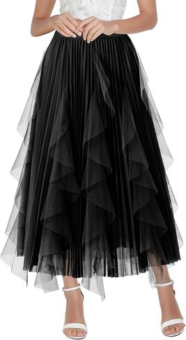 Tulle Skirts for Women Mesh Tiered Layered Tutu Skirt, High Low Elastic Waist Party Midi Tulle Skirt Pink in Kuwait