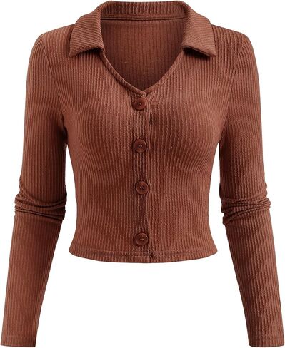 ZAFUL Women's Long Sleeve Crop Top Lapel Collar V Neck Button Down Ribbed Slim Fitted T Shirts Soft Knit Tops in Saudi Arabia