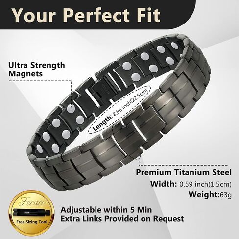Feraco Magnetic Bracelet for Men Titanium Steel Magnetic Bracelet for Men with Double Row Magnets Adjustable (Black) in Kuwait