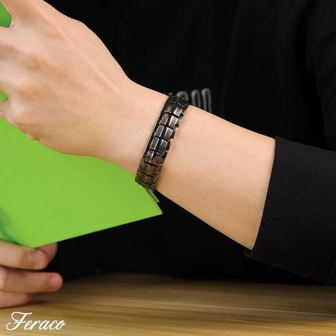 Feraco Magnetic Bracelet for Men Titanium Steel Magnetic Bracelet for Men with Double Row Magnets Adjustable (Black) in Kuwait