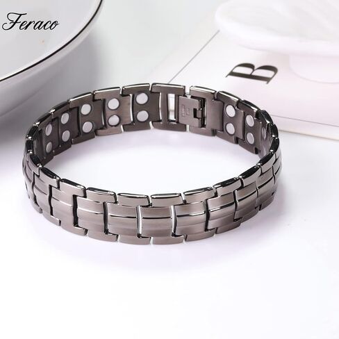 Feraco Magnetic Bracelet for Men Titanium Steel Magnetic Bracelet for Men with Double Row Magnets Adjustable (Black) in Kuwait