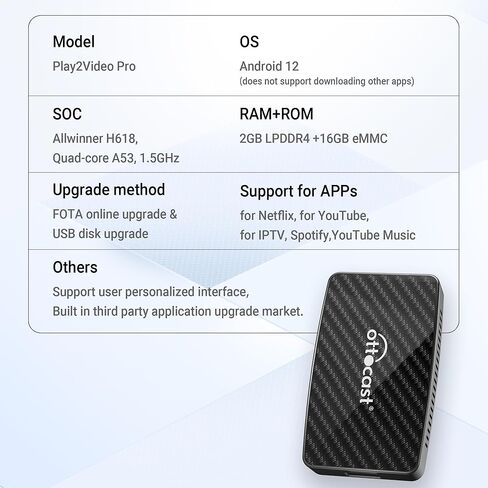 محول فيديو الوسائط المتعددة من Ottocast Play2Video Pro - محول سيارة CarPlay Android Auto اللاسلكي مدمج في YouTube Netflix، صندوق AI لبث الفيديو CarPlay يدعم الوسائط المتعددة USB، سهل الإعداد والتوصيل والتشغيل in Kuwait