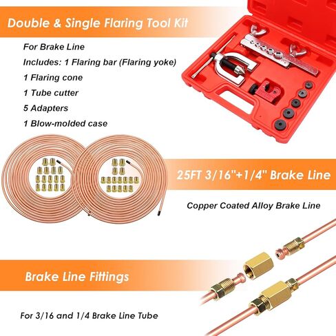 25 ft 3/16" + 1/4" Copper Coated Brake Line Kit(Includes 48 Fittings and 8 Unions) with Tube Bender and Double & Single Flaring Tool Kit in Saudi Arabia