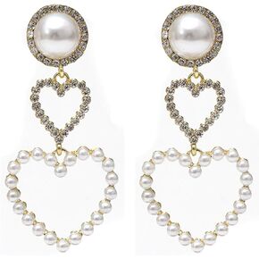 MALOYANVE Love Heart Long Tassel Dangle Earrings for Women Girls Sweet Dainty Cute Pearl 925 Silver Needle Pink Heart Dangle Drop Hook Earrings Delicate Jewelry Valentines Day Gifts