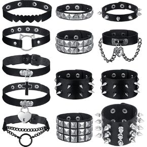 13 Pcs Punk Leather Choker Necklace Bracelets Set Punk Chokers for Women Gothic Adjustable Leather Collar Spike Rivet Cuff