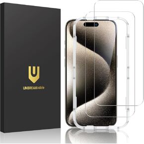 UNBREAKcable Shatterproof Tempered Glass Screen Protector for iPhone 15 Pro Max [3-Pack] [99.99% HD Clear] [Easy Installation Frame] [9H Hardness] [Bubble Free] for Apple 6.7"