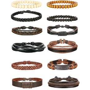 Jstyle 12Pcs Braided Bracelet for Men Beaded Bracelets Wrap Leather Wooden Bracelets Adjustable