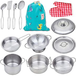 Yellora Play Pots and Pans Sets for Kids, Stainless Steel Cookware Toys Gift Set for Christmas, Pretend Play Kitchen Accessories, Role Play Educational Toys for Kids Toddlers Boys Girls
