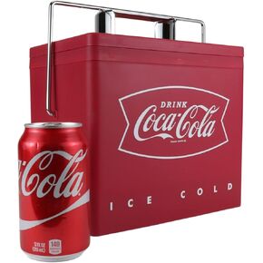 Coca-Cola 6 Can Portable Cooler, Retro Ice Chest Style, 4L (4.2 qt), Personal Travel Fridge for Snacks Lunch Drinks, Includes 12V and AC Cords, for Home Office Dorm Travel, Red and Silver