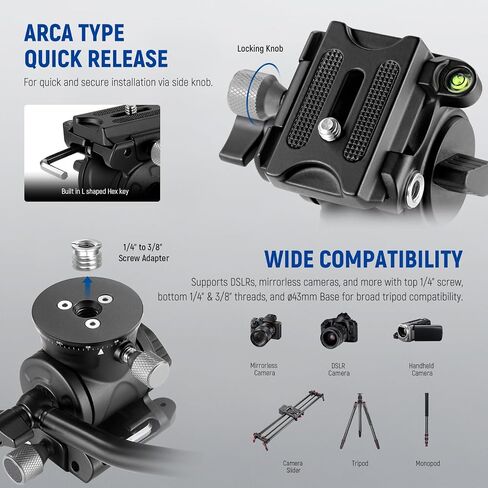 NEEWER Fluid Tripod Head with Handle & Arca Type Quick Release, Aluminum Alloy Panorama Drag Pan Tilt Head with ø43mm Scaled Base for Compact Camcorder DSLR Camera, Max Load: 3kg/6.6lb, GM23 in Saudi Arabia