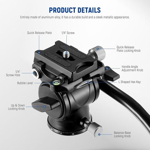 NEEWER Fluid Tripod Head with Handle & Arca Type Quick Release, Aluminum Alloy Panorama Drag Pan Tilt Head with ø43mm Scaled Base for Compact Camcorder DSLR Camera, Max Load: 3kg/6.6lb, GM23 in Saudi Arabia