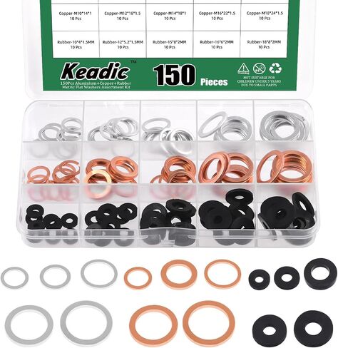 Keadic 150Pcs 15 Sizes Metric Oil Drain Plug Crush Washer Assortment Set, Copper & Rubber & Aluminum Flat Gasket Seal for Cars Track and Motorcycle, M10 M12 M14 M16 M18 in Saudi Arabia