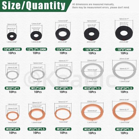 Keadic 150Pcs 15 Sizes Metric Oil Drain Plug Crush Washer Assortment Set, Copper & Rubber & Aluminum Flat Gasket Seal for Cars Track and Motorcycle, M10 M12 M14 M16 M18 in Saudi Arabia