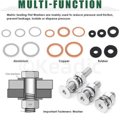 Keadic 150Pcs 15 Sizes Metric Oil Drain Plug Crush Washer Assortment Set, Copper & Rubber & Aluminum Flat Gasket Seal for Cars Track and Motorcycle, M10 M12 M14 M16 M18 in Saudi Arabia