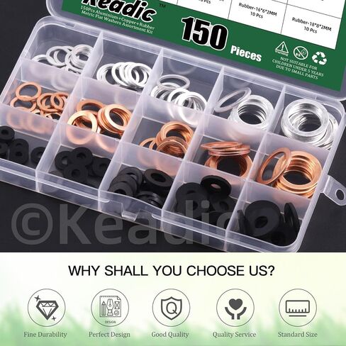 Keadic 150Pcs 15 Sizes Metric Oil Drain Plug Crush Washer Assortment Set, Copper & Rubber & Aluminum Flat Gasket Seal for Cars Track and Motorcycle, M10 M12 M14 M16 M18 in Saudi Arabia