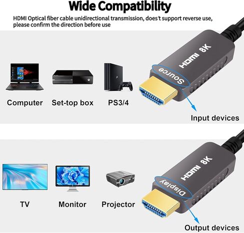 كابل HDMI من الألياف الضوئية SOEYBAE 8K بطول 100 قدم/30 مترًا، كابل HDMI 2.1 يدعم 8K@60 هرتز، 4K@120 هرتز، 48 جيجابت في الثانية، eARC، HDCP2.2، PS5 in Kuwait