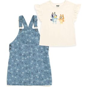 Bluey Floral Girls Vintage Wash Denim Overall Dress and T-Shirt Outfit Set Toddler to Big Kid