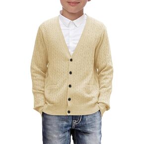 Haloumoning Boys Classic Buttons Up Thick Cable Knit Cardigan Sweater with Pockets 5-14 years
