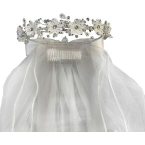 Girls White Satin Flower Sparkle Rhinestones Headpiece 24" Communion Veil