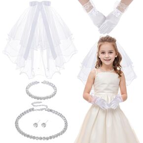 5 Pack First Communion Veil Set for Girls Bowknot Lace Veil Satin Gloves Rhinestone Accessories for Wedding Party