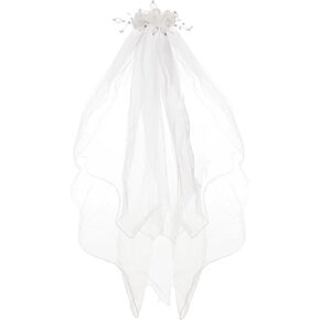 1st Communion Veil White Flowers Pearls Holy First communion Accessories for Girls,31 Inches