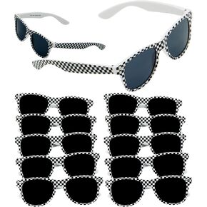 4E's Novelty Race Car Checkered Sunglasses for Kids Bulk 12 Pack with UV400 Protection, Racecar Party Favor Supplies, Summer Pool Beach Accessories, Racing Theme Birthday Gifts