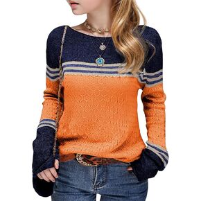 Girls Fall Sweaters Winter Long Sleeve Round Neck Color Block Striped Casual Loose Lightweight Spring Cozy Tops