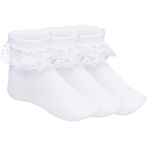 3 Pairs Girls Ruffle Socks White Ruffled Lace Socks for Girls Toddler Frilly Dress Socks(Aged 5-7 years)
