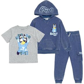 Bluey Fleece Waffle Knit Pullover Hoodie T-Shirt and Jogger Pants 3 Piece Outfit Set Toddler Sizes (2T - 5T)