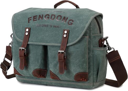 Mens Messenger Bag 15.6 Inch Vintage Waxed Canvas Genuine Leather Briefcase Leather Computer Laptop Bag Rugged Satchel Shoulder Bag Gray in Saudi Arabia