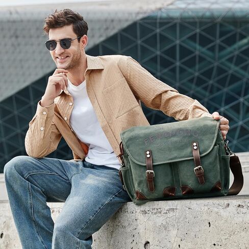 Mens Messenger Bag 15.6 Inch Vintage Waxed Canvas Genuine Leather Briefcase Leather Computer Laptop Bag Rugged Satchel Shoulder Bag Gray in Saudi Arabia